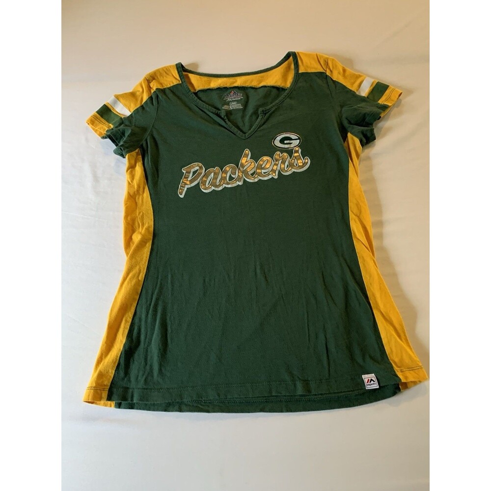 Green Bay Packers Majestic Women's Short Sleeve T-Shirt Gold Metallic Script P1